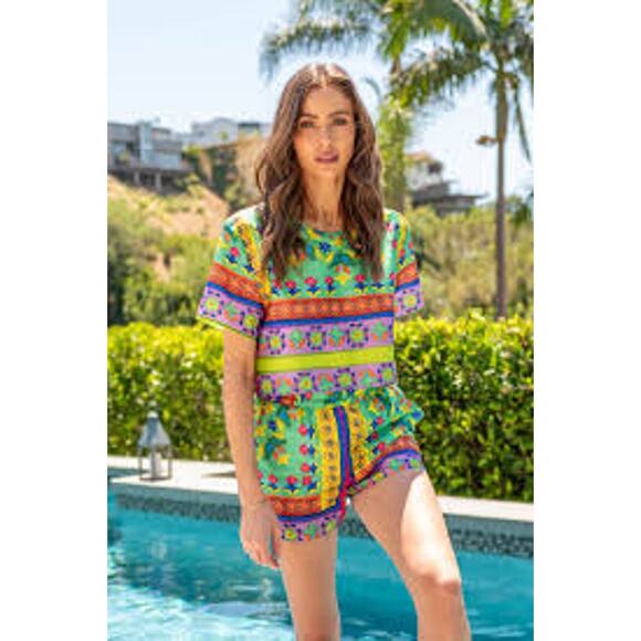 Lavender Brown Helen Silky Pull-on Shorts in Green Multi BMS6457P Medium M NEW - Picture 1 of 8